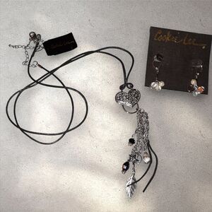 2 Cookie Lee heart Corded Crystal Chain Necklace & earrings Silvertone Nwt
